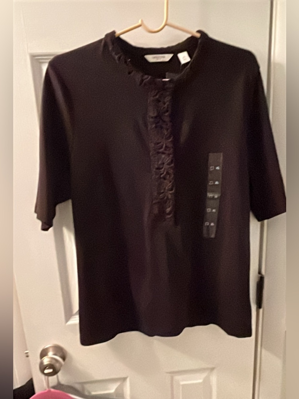 Liz Claiborne Black Short Sleeve Blouse with Lace Trim SzXL 100% Cotton